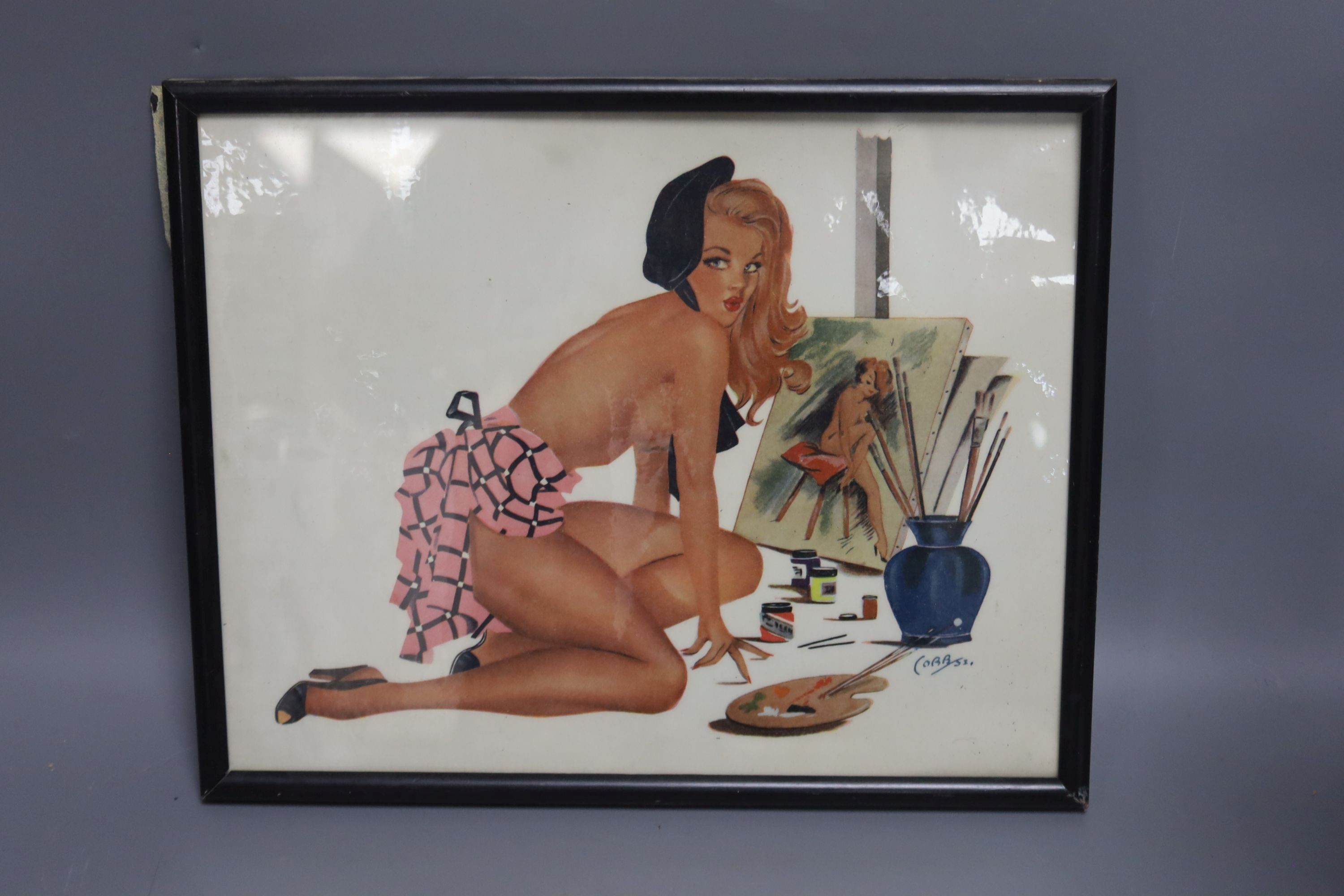 A pair of Deco chromium candlesticks and mantel ornament and framed picture